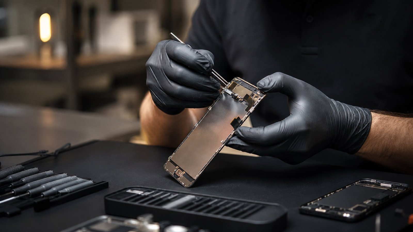 Techniker mit schwarzen Handschuhen öffnet ein Smartphone mit Feinwerkzeug an der Werkbank